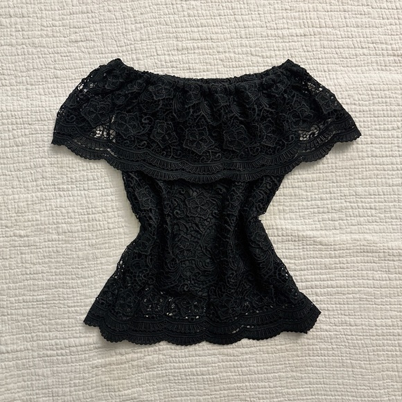 Soapberry Tops - whimsygoth black crochet lace off the shoulder top ❀